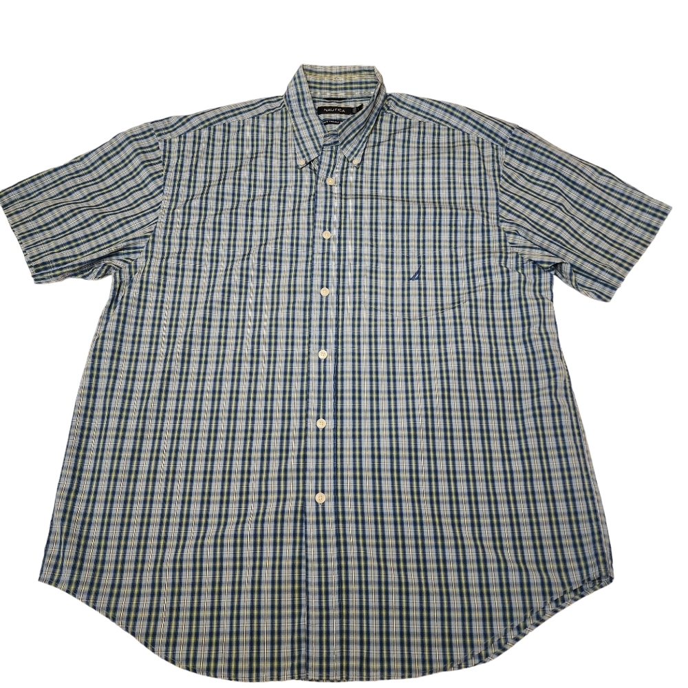 Nautica Y2K Blue Plaid Short Sleeve Casual Button Down Shirt Size Large - Picture 1 of 8